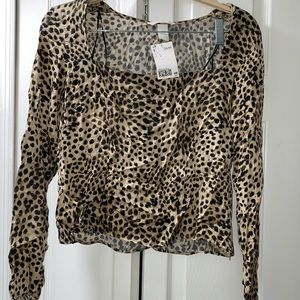 Leopard satin square neck blouse